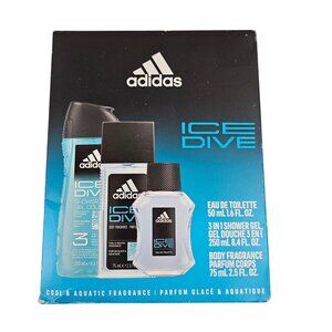 Adidas Ice Dive Gift Set Eau De Toilette 3 In 1 Shower Gel Body Fragrance NIB